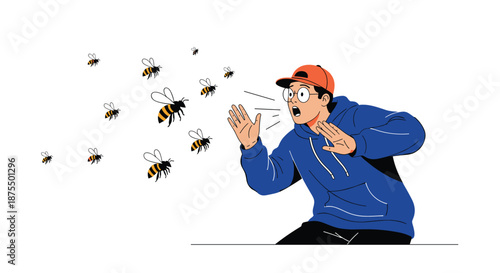 Scared young man in a hoodie and glasses is attacked by a swarm of angry bees or wasps, trying to protect himself in panic.