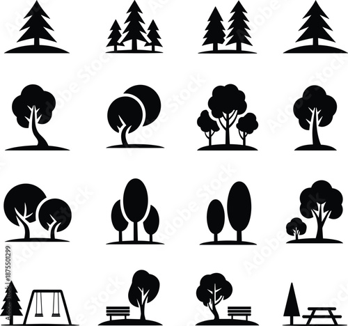 Tree and park silhouette icons, editable vector clipart, isolated, black grid, coniferous deciduous trees, benches, swing set