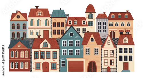 Collection of cute and colorful old european-style houses and buildings, creating a charming and cozy town or city street scene.
