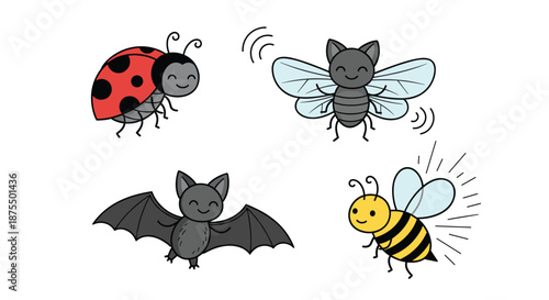 Set of four cute and smiling cartoon animals: a red ladybug, a buzzing fly, a flying bat, and a happy little bumblebee.