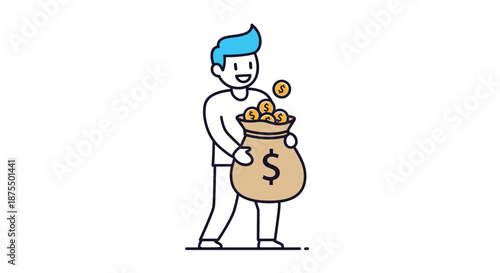 Happy man with blue hair holding a large sack full of gold coins, symbolizing wealth, savings, investment, or winning a lottery.