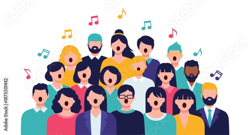 Large and diverse group of people singing together in a choir, with colorful musical notes floating above their heads.