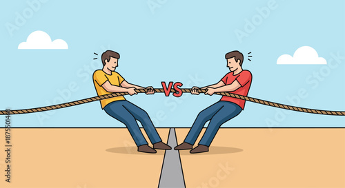 Two men engaged in a tug of war competition, pulling on a rope in opposite directions, symbolizing conflict, struggle, and rivalry.