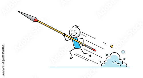 Energetic stick figure character running and preparing to throw a javelin with speed and determination, symbolizing goal achievement.