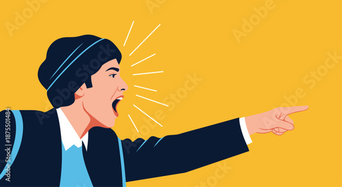 Angry man in a suit shouting and pointing his finger, expressing rage, giving orders, or making a strong accusation.