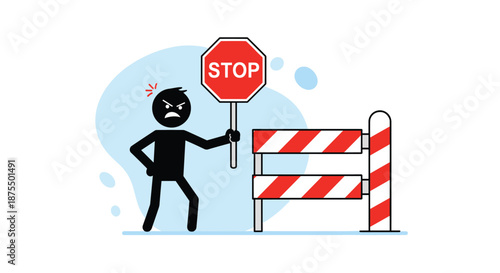 Angry stick figure silhouette holding a red stop sign next to a striped barrier, blocking access and showing prohibition.