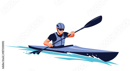 Man in a helmet, sunglasses, and life vest actively paddling a kayak, moving swiftly through the water in an outdoor adventure.