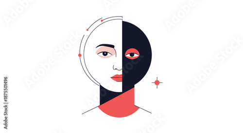 Abstract and artistic portrait of a woman's face, split into two halves with contrasting light and dark sides, symbolizing duality.