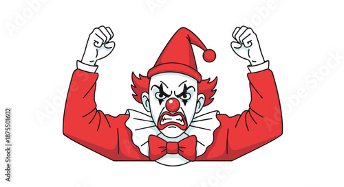 Angry and menacing evil clown with red hair and a ruffled collar, clenching his fists in rage on a white background.