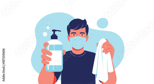 Man wearing a protective face mask holding a bottle of hand sanitizer pump and a white cloth for cleaning and disinfection.