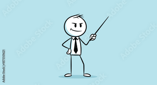 Confident stick figure businessman with a sly smile and a tie, holding a pointer stick for a presentation or lecture.