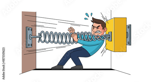 Stressed man getting squeezed and compressed by a giant metal spring between two walls, illustrating pressure and tension.
