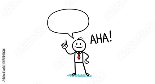 Stick figure businessman has a brilliant "AHA!" moment of insight, pointing his finger up with a blank speech bubble.