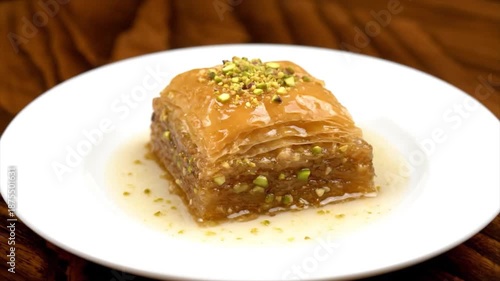 A delicious piece of traditional baklava pastry drizzled with honey and topped with chopped pistachios on a white plate