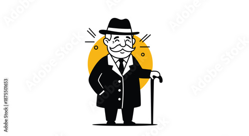 Dapper vintage cartoon gentleman with a large mustache, wearing a suit and hat, smiling confidently while holding a cane.