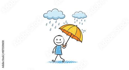 Happy stick figure smiling and walking in the rain while staying dry under a large, bright yellow umbrella under grey clouds.