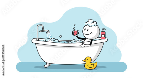 Happy stick figure relaxing in a clawfoot tub filled with bubbles, enjoying a drink with a yellow rubber duck floating nearby.