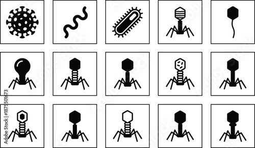 Virus and bacteriophage icon set, editable vector clipart, isolated, black silhouettes, microbe, hexagonal head, tail fibers, pathogen