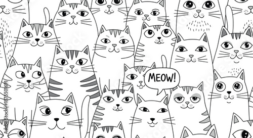 Seamless black and white pattern of cute, quirky hand-drawn doodle cats with various expressions, one saying "MEOW!".