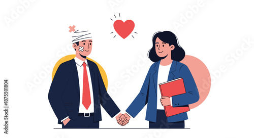 Businesswoman shaking hands with an injured businessman with bandages, showing a compassionate and supportive insurance or partnership agreement.