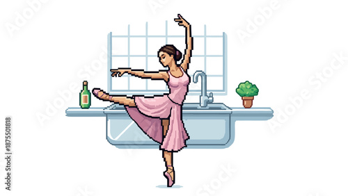 Pixel art ballerina dancing gracefully in a kitchen setting