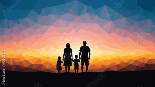 Silhouette family at sunset with geometric background