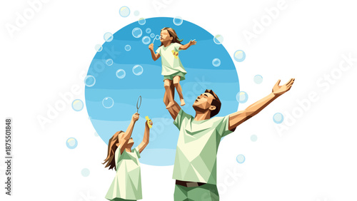 Happy family enjoying playful summer bubble fun outdoors in low poly art style