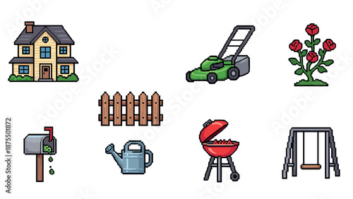 Pixel art garden elements: house, lawn mower, roses, grill & more