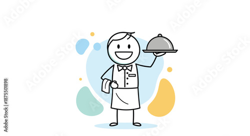 Friendly and smiling stick figure waiter in uniform with a bow tie, holding a towel and a silver cloche serving tray.