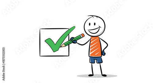 Happy stick figure character smiling and using a pencil to draw a large green check mark in a checkbox, signifying completion.