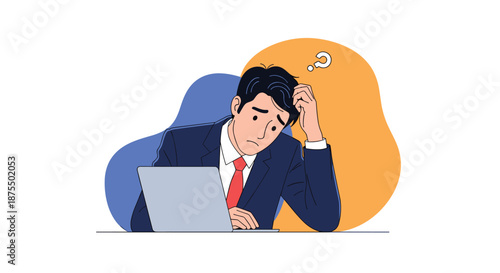 Stressed and confused businessman in a suit sitting at his laptop, holding his head with a question mark floating nearby.