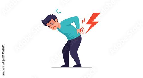 Young man grimacing in pain and holding his lower back, which is indicated by a red lightning bolt symbolizing sharp backache.