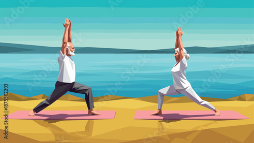 Elderly couple practicing yoga on the beach at sunrise in low-poly art style