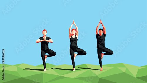 Low poly yoga poses outdoors: three people practicing in nature