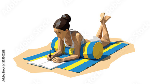 Low poly style woman writing on beach towel with blue yellow stripes