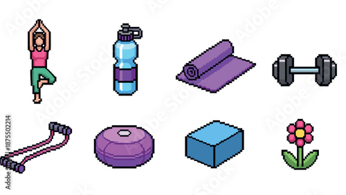 Pixel art fitness icons set with yoga, dumbbell, and more