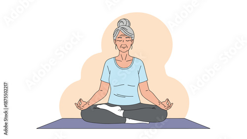 Elderly woman practicing meditation in yoga pose on mat with calm expression