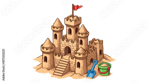 Pixel art sandcastle with red flag and beach toys on sandy ground