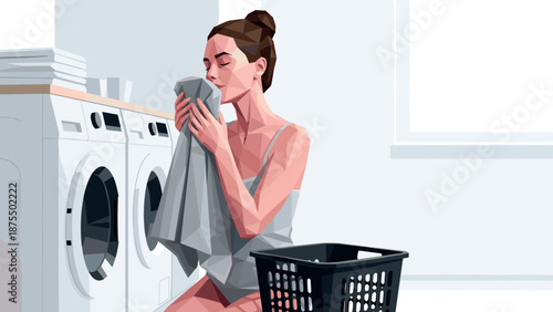Contemporary low poly art of woman in laundry room enjoying fresh clothes