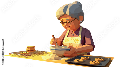 Elderly woman baking cookies in low poly style