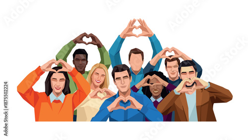 Diverse group of people making heart shapes with hands in low poly art style