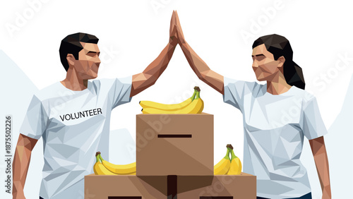 Geometric style volunteers high five over boxes with bananas