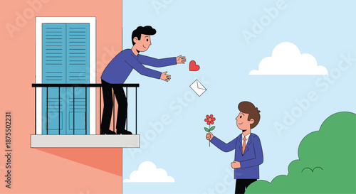 Man on a balcony sends a heart and a love letter to another man below who is offering a flower, depicting a romantic gesture.