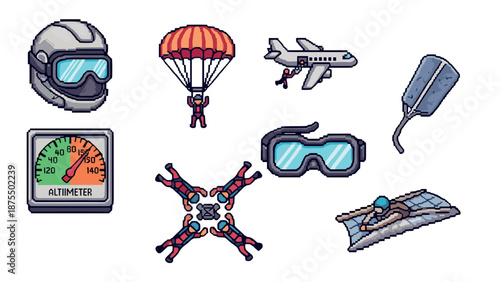 Pixel art skydiving and paragliding adventure icons set in retro style