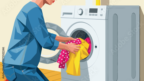 Modern laundry routine with colorful clothes in geometric art style