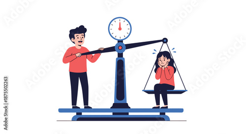 Man standing on a large balance scale, creating an imbalance and asserting dominance over a worried woman on the other side.