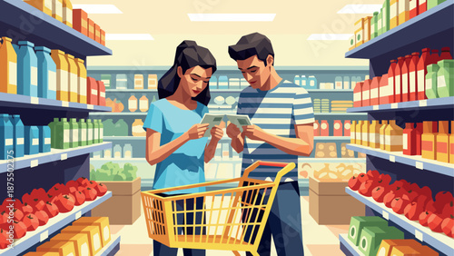 Couple comparing products in supermarket aisle with shopping cart