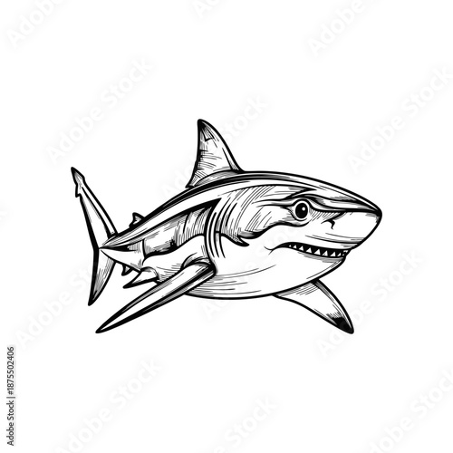 Engraved style shark illustration, hand-drawn linework, bold and thin ink lines, mono color black, vector art, isolated