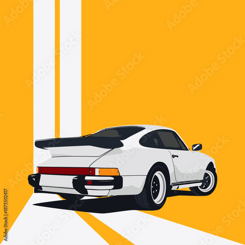 Minimalist vector illustration of a classic white sports car on yellow background