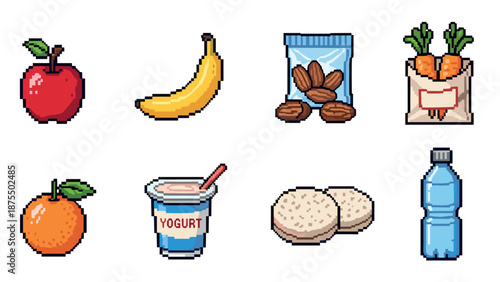 Pixel art groceries: fresh fruits, nuts, and snacks in retro style